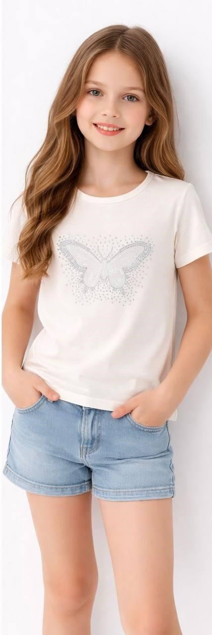 Kelebekli Taşlı Kız Badi - Ekru