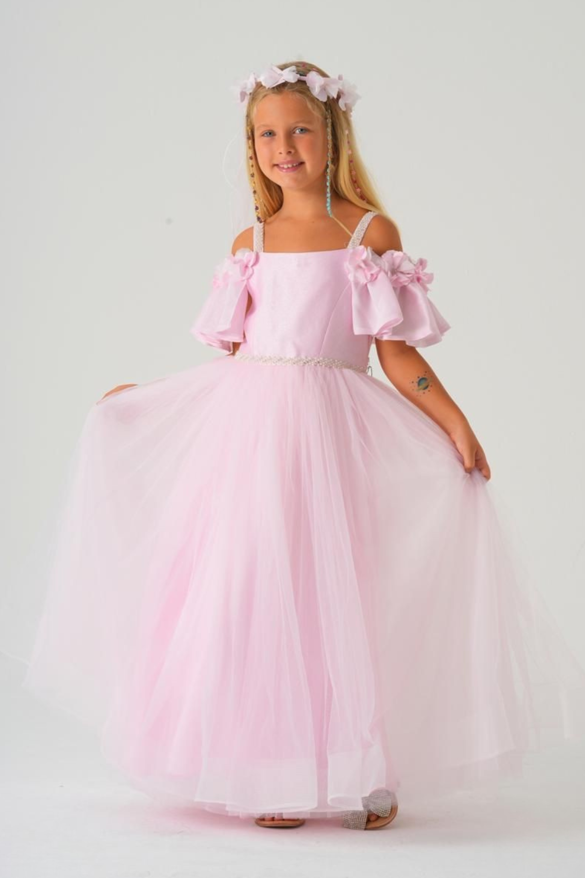 Kolları Çiçekli Fırfırlı Abiye - Pembe