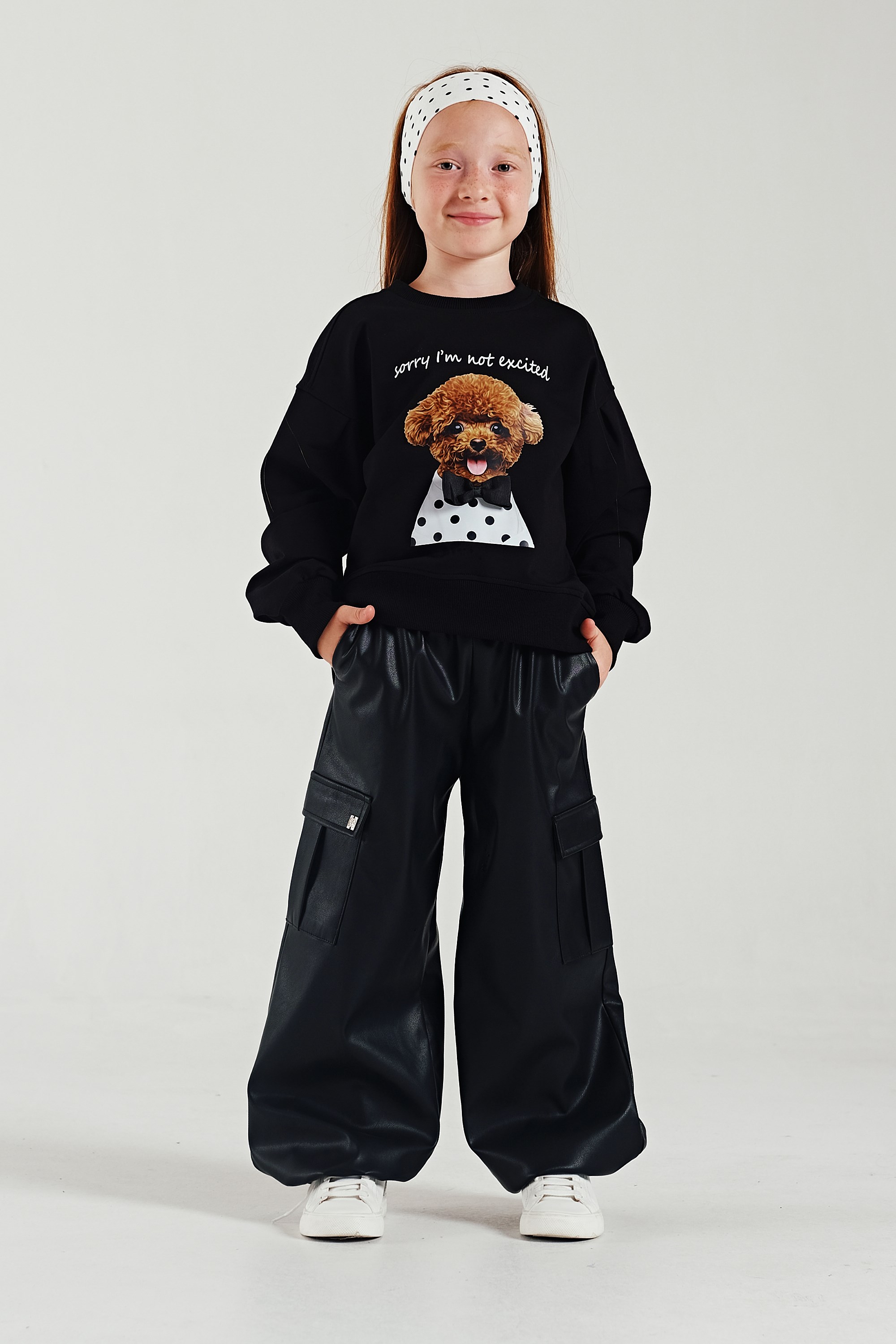 Köpek Baskılı Fiyonklu Kız Sweat - Siyah