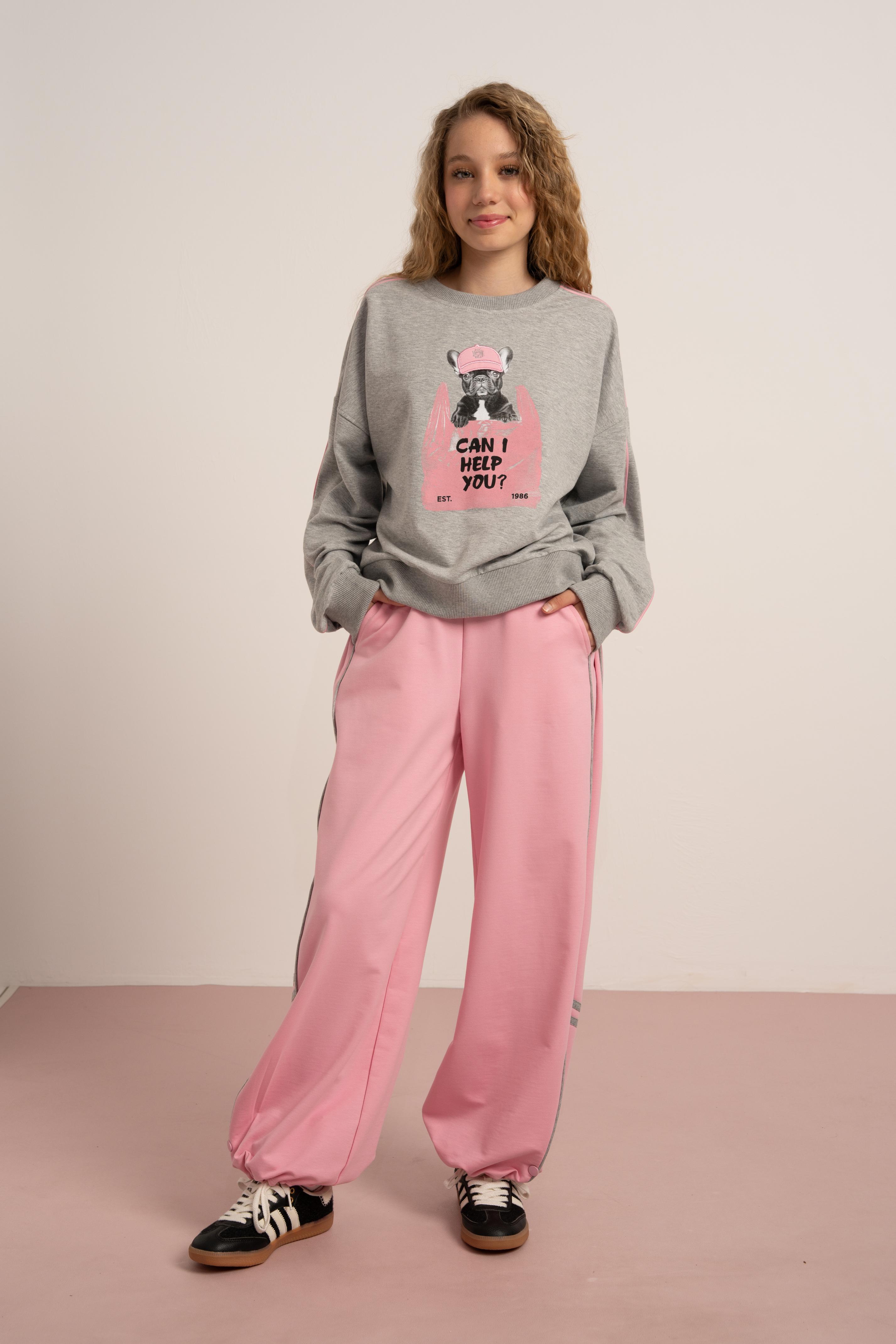 LOCO LOCO Gri Melanj Şeritli Pantolon - Pembe