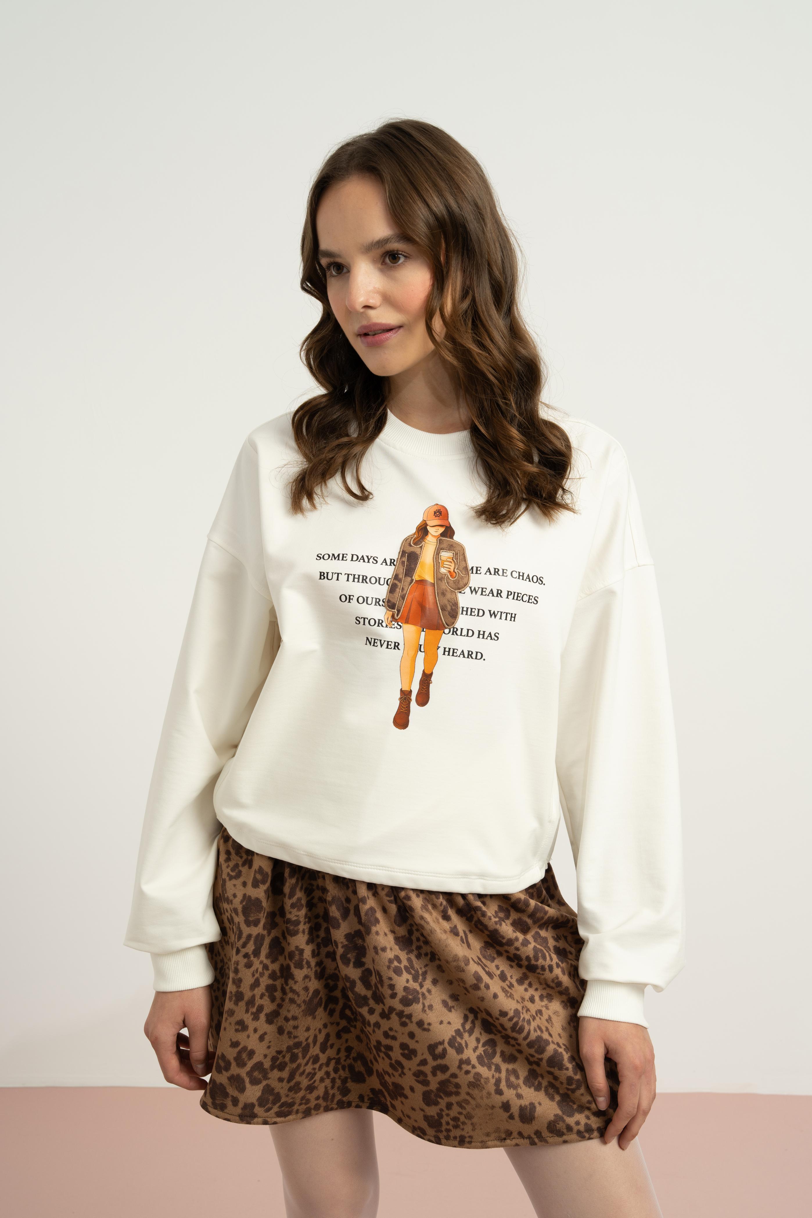 LOCO LOCO Kız Baskılı Sweat - Ekru