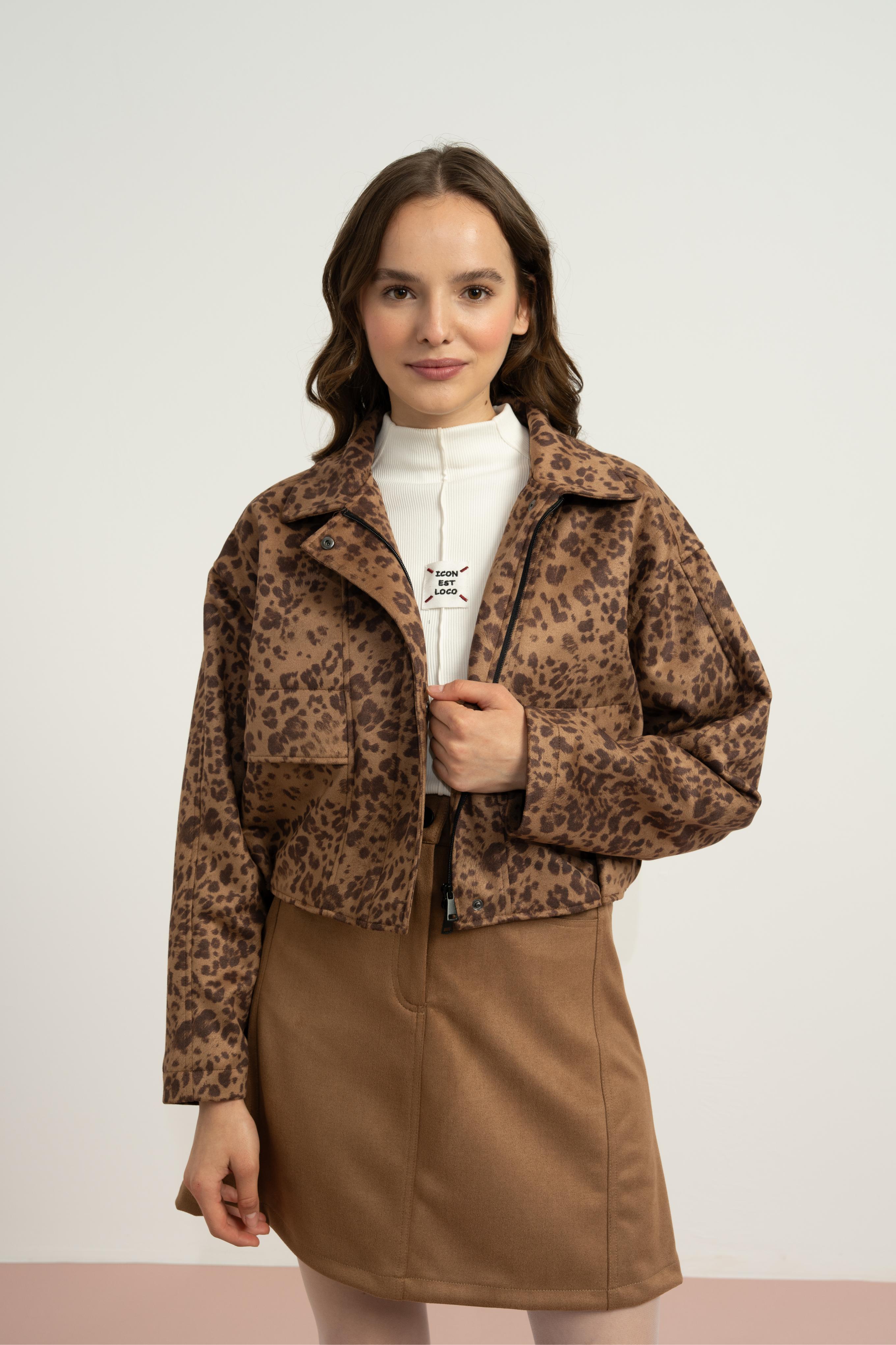 LOCO LOCO Leopar Süet Kız Ceket - Vizon