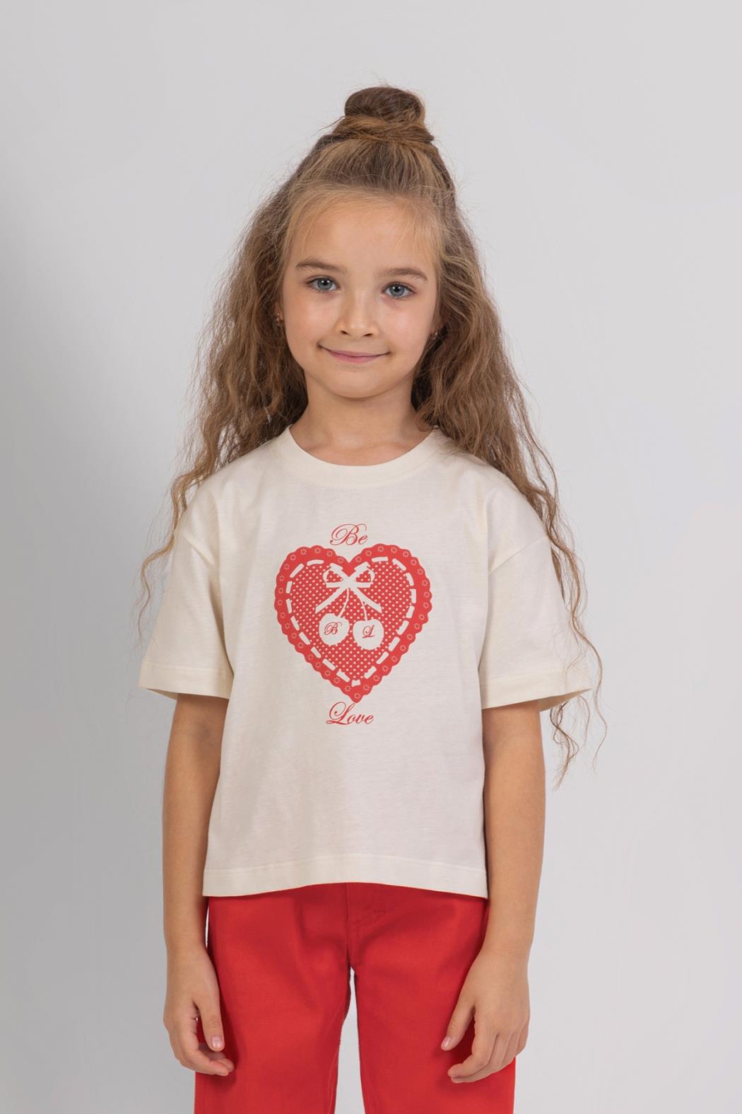 Love Baskılı Kız Tshirt - Ekru