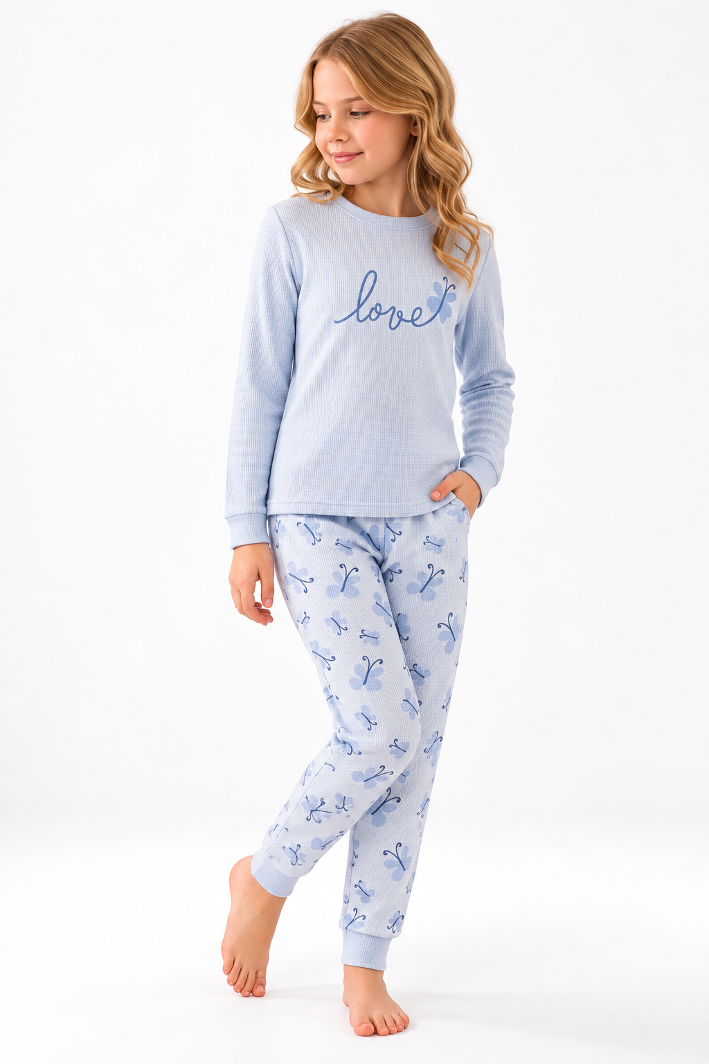 Love Kelebekli Kız Pijama Takımı - Mavi