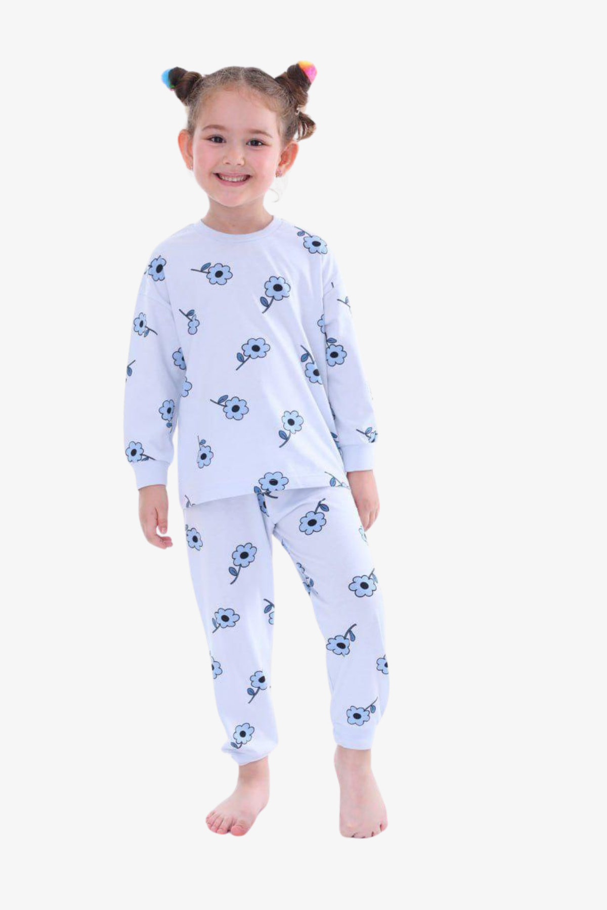 Mavi Çiçekli Kız Pijama Takımı - Mavi