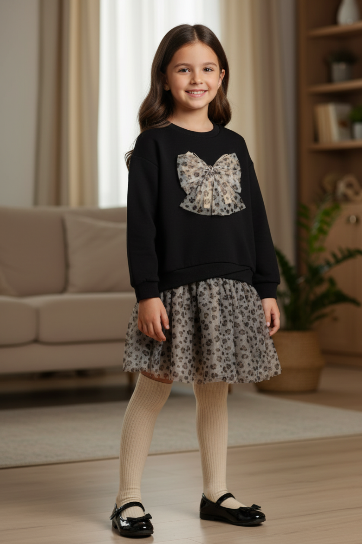 MAYORAL Önü Fiyonklu Sweat ve Tüllü Etekli Takım - Siyah