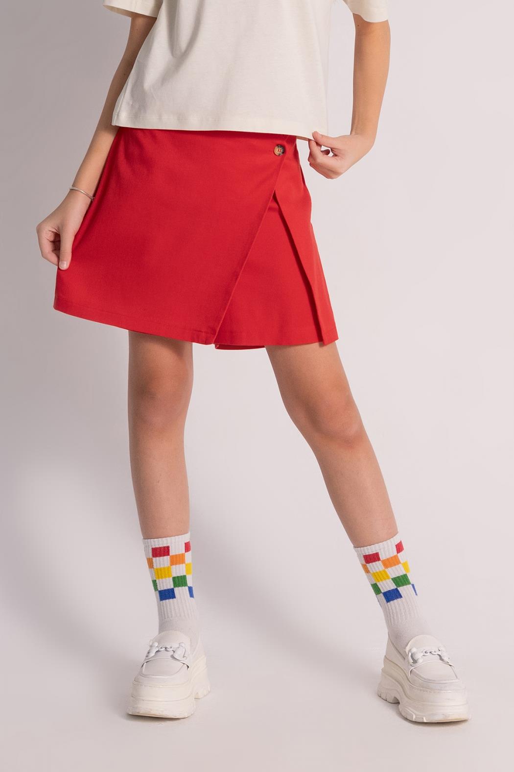 Önden Düğmeli Kız Şort Etek - Kırmızı