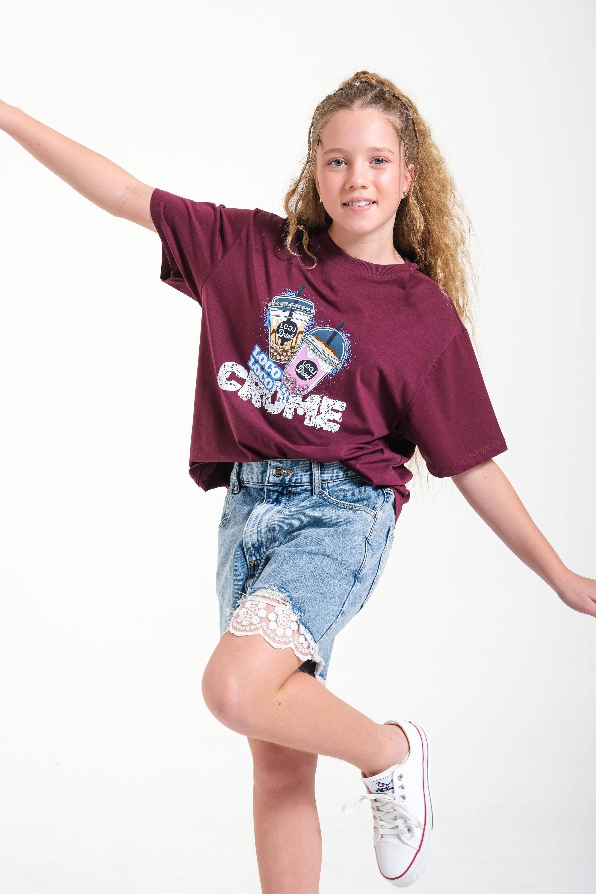 Paçası İşlemeli Kız Şort - Mavi