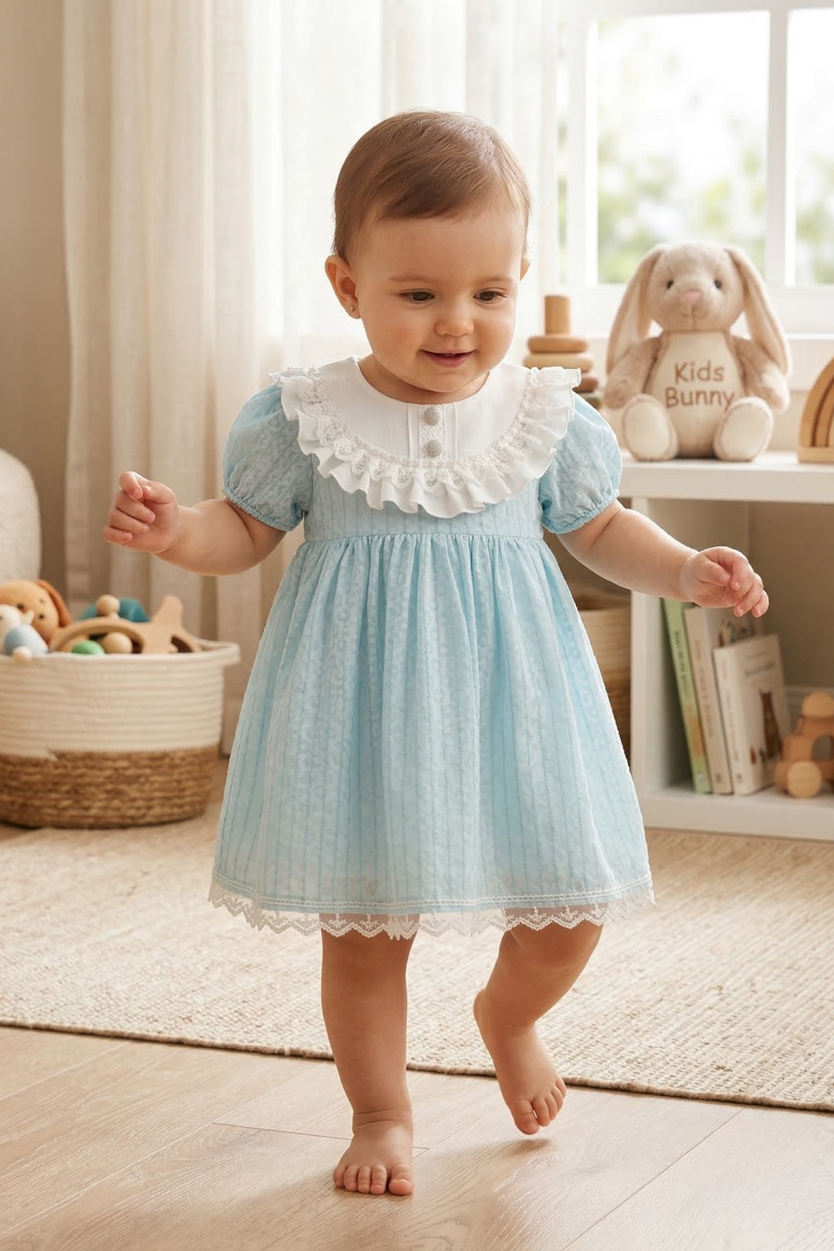 Papatyalı Kız Bebe Elbise - Mavi