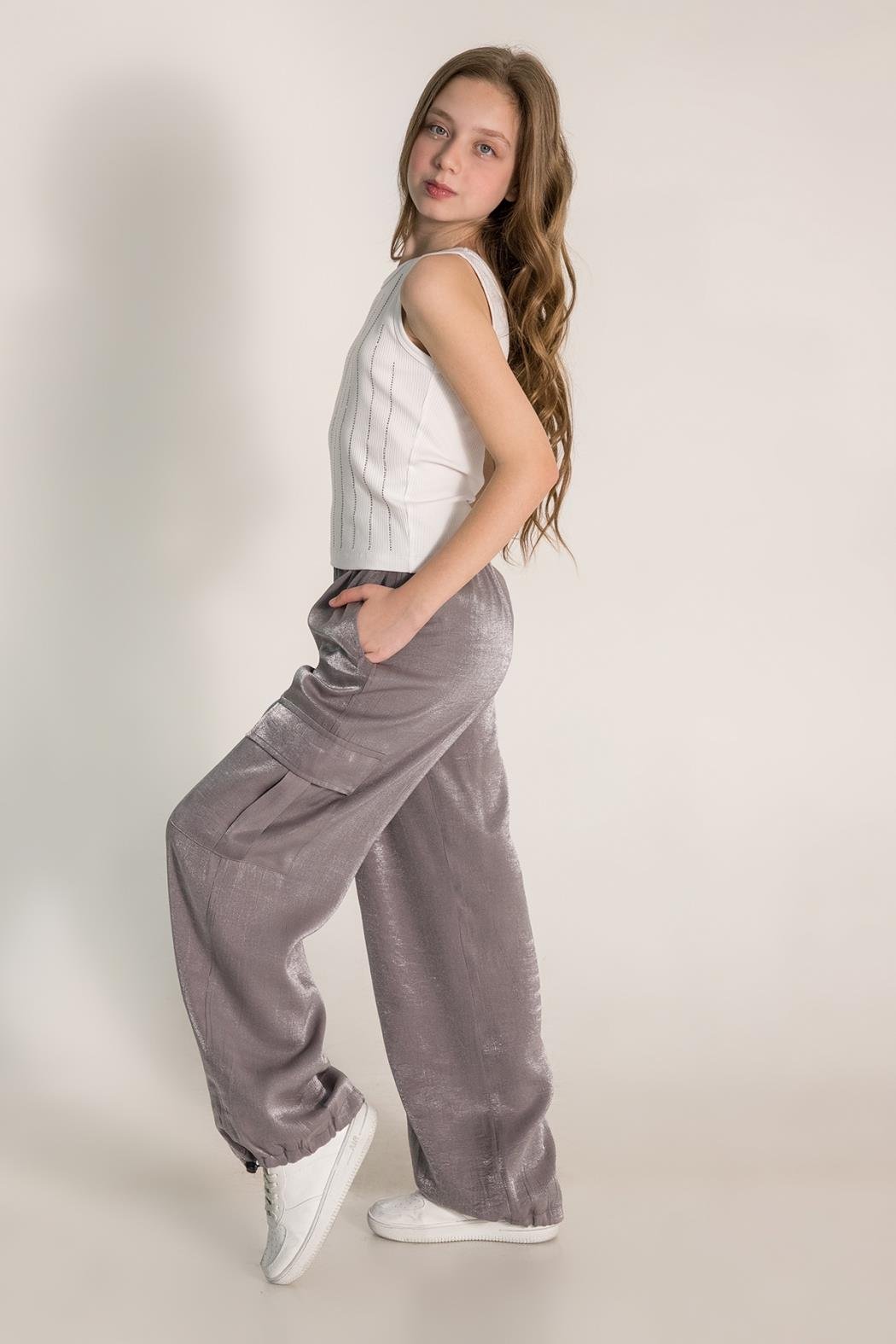 Parlak Kargo Cep Pantolon - Gri