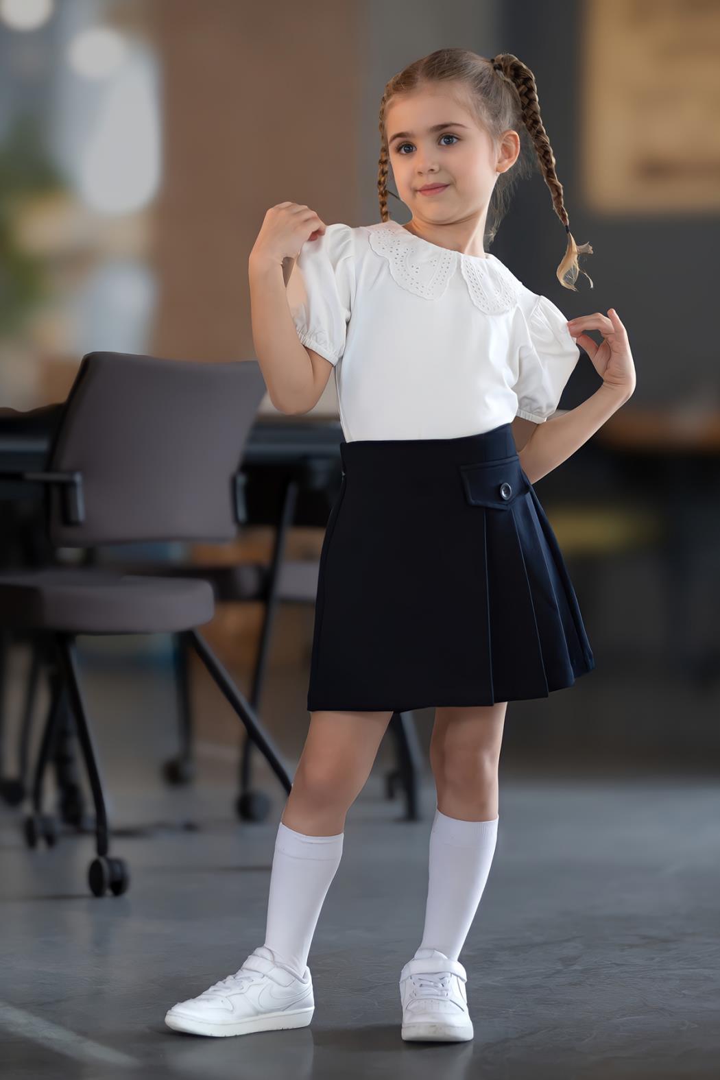 Pileli Şort Etek - Lacivert