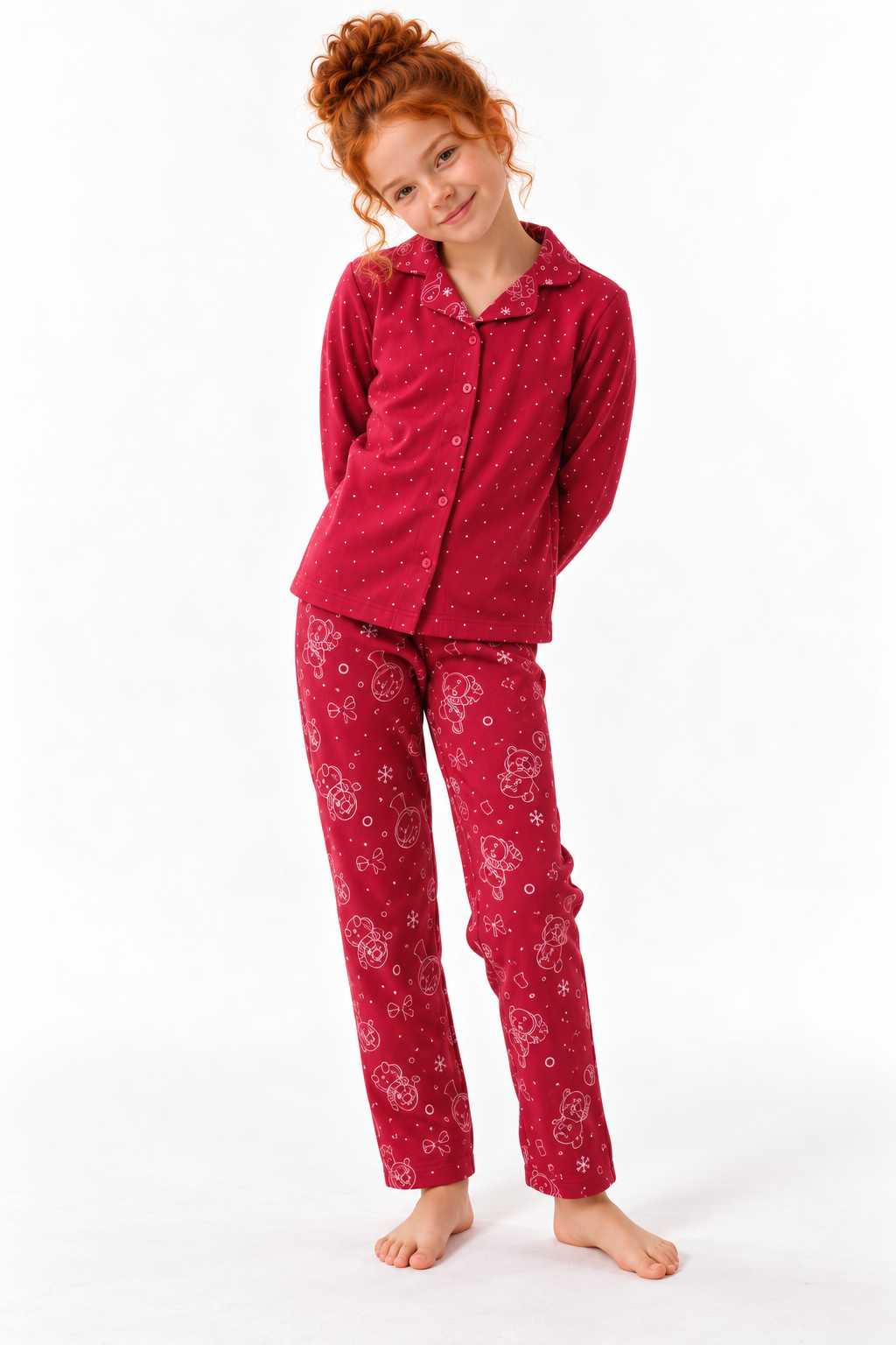 Puantiye Düğmeli Kız Pijama Takımı - Kırmızı