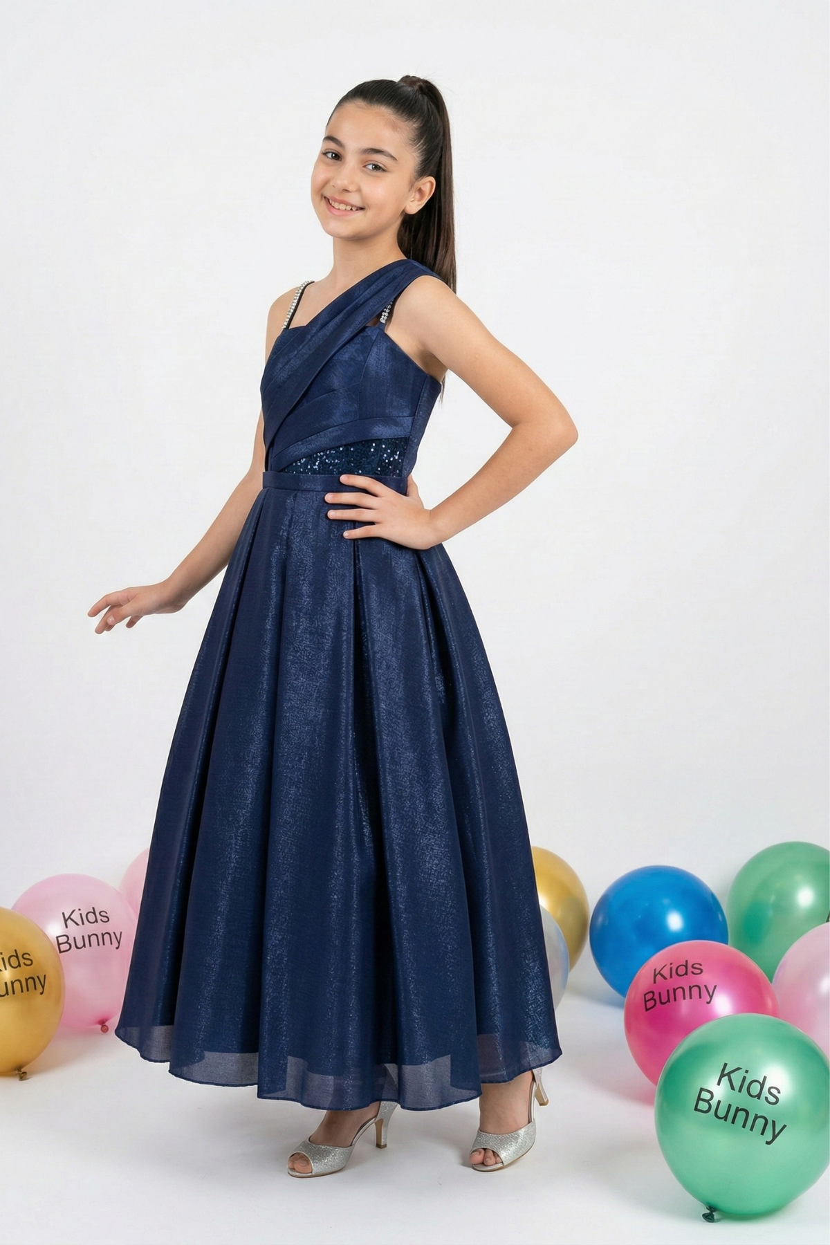 Pullu Bel Detaylı Kız Abiye - Lacivert