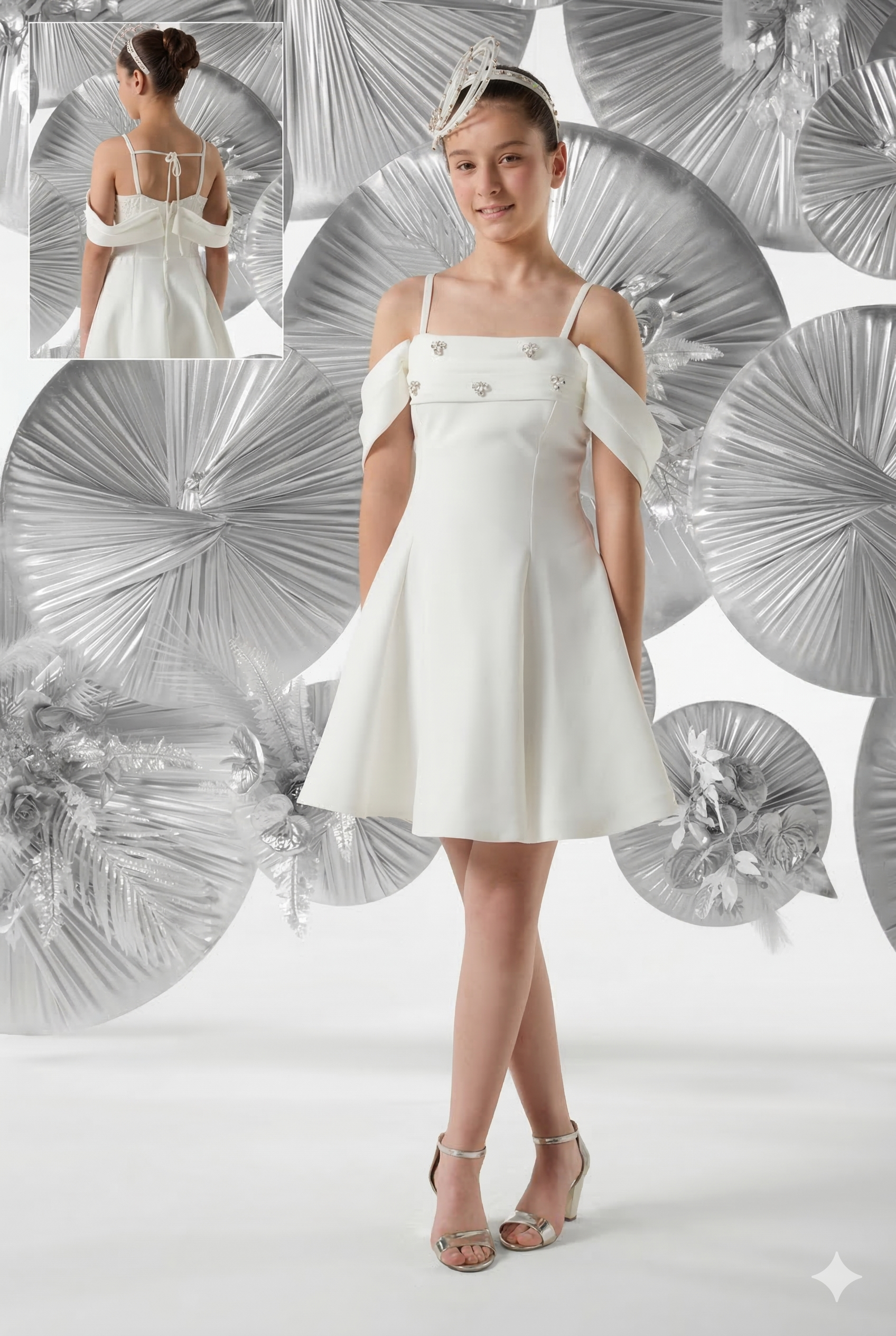 Taşlı Drapeli Kısa Kız Abiye - Krem