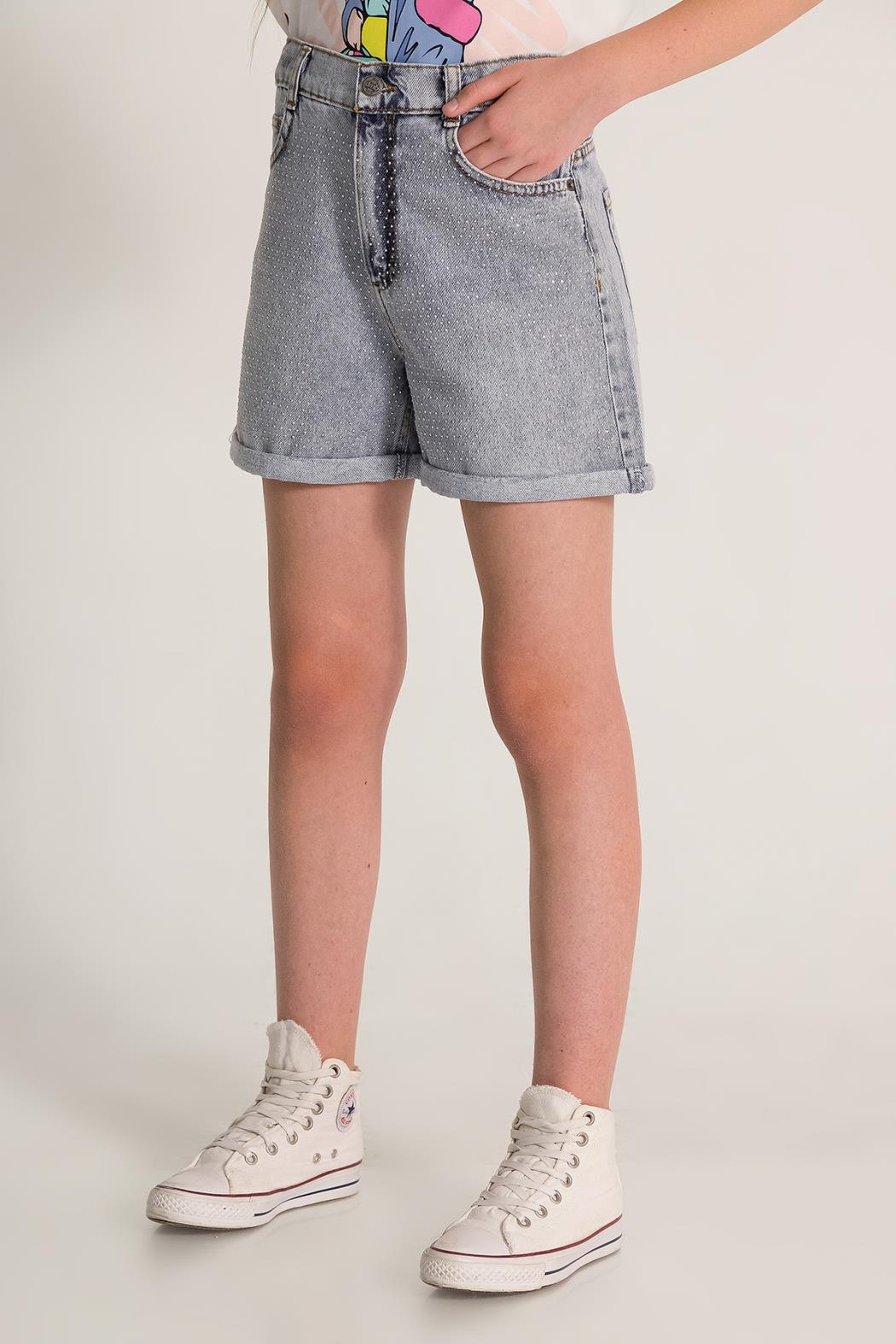 Taşlı Kız Kot Şort - Mavi