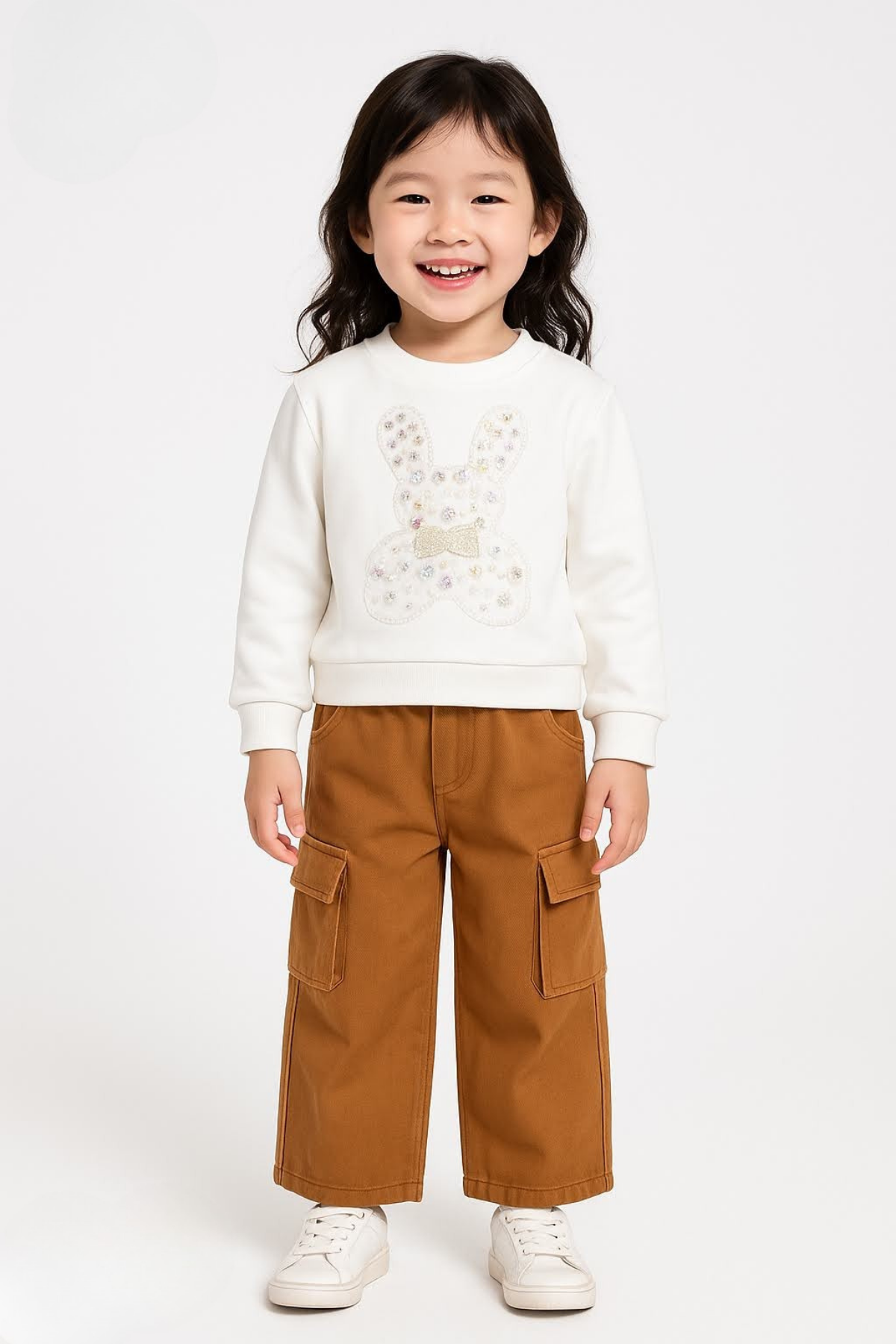 Tavşan İşlemeli Bebe Sweat - Ekru