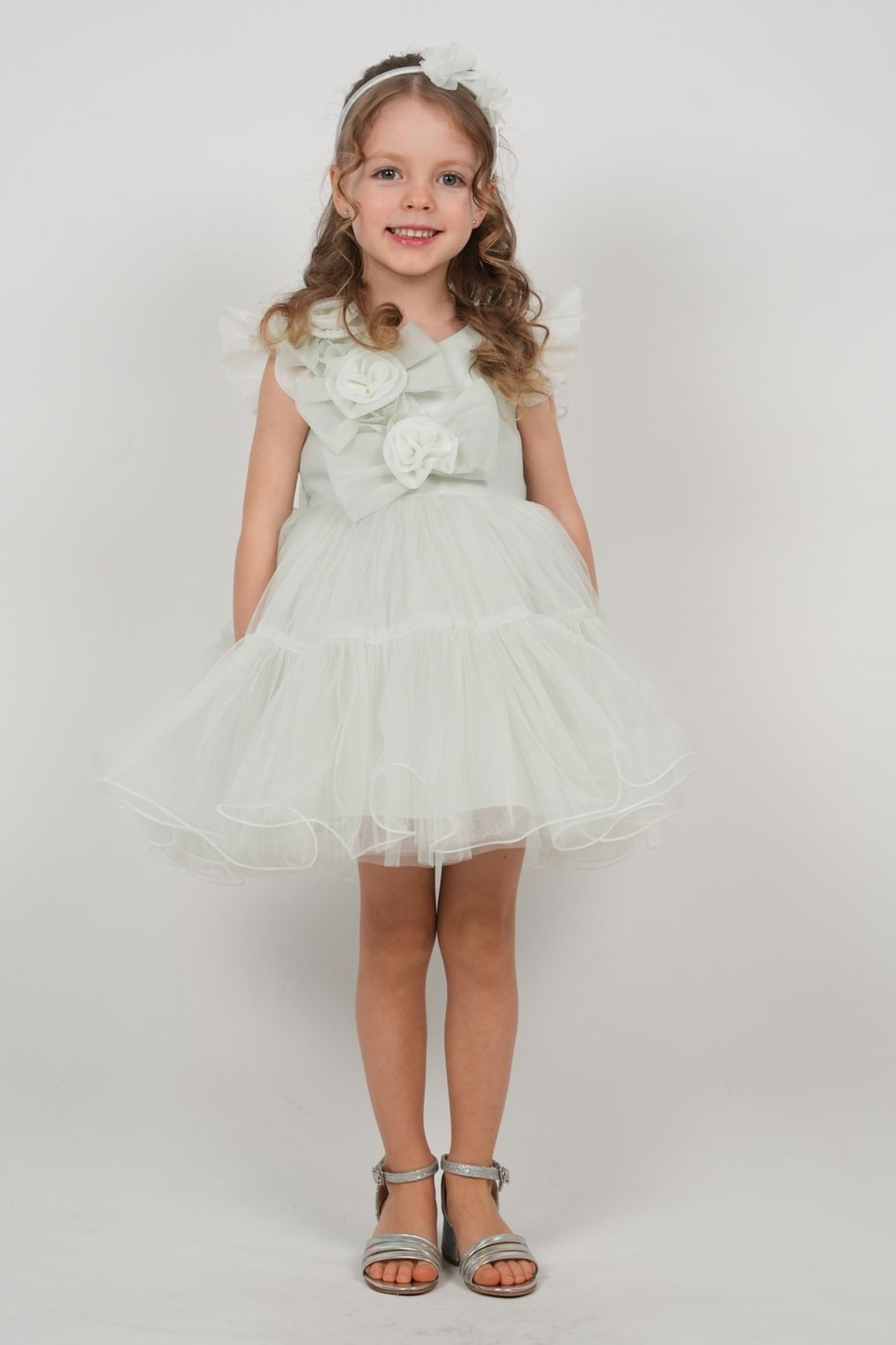 Tek Omuz Çiçekli Abiye - Yeşil Mint