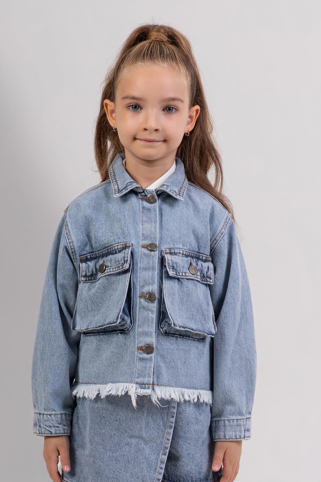 Uçları Püsküllü Kız Kot Ceket - Mavi