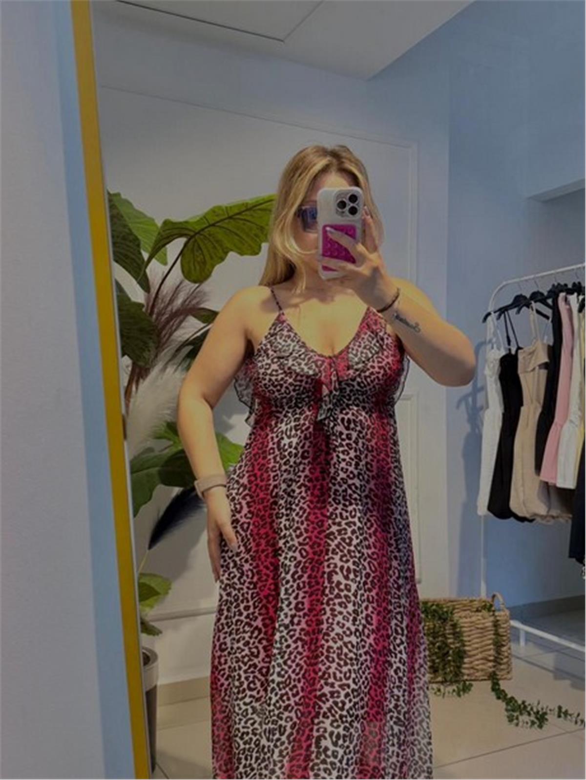 Askılı Leopar Desenli Kırmızı Elbise
