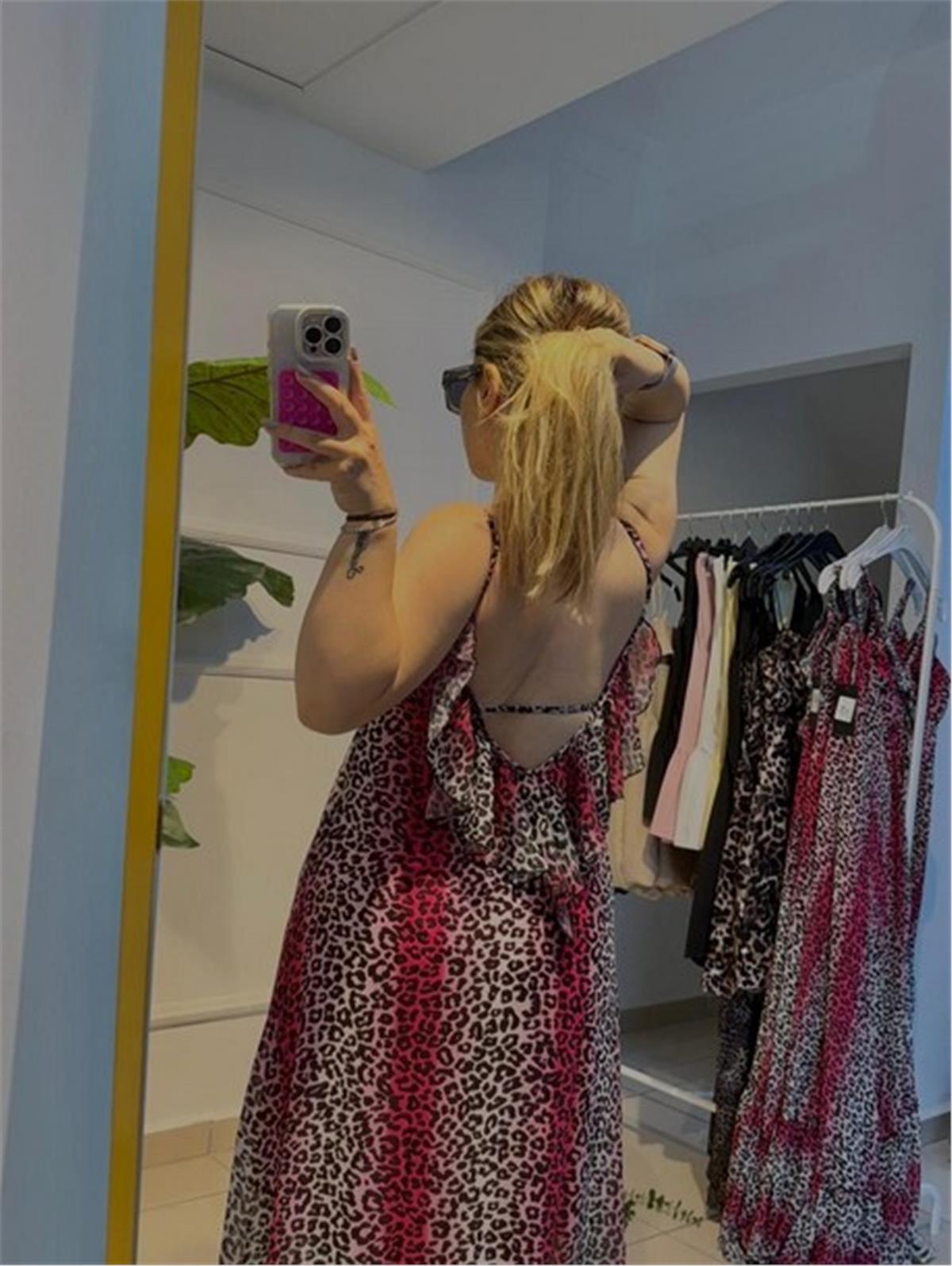 Askılı Leopar Desenli Kırmızı Elbise