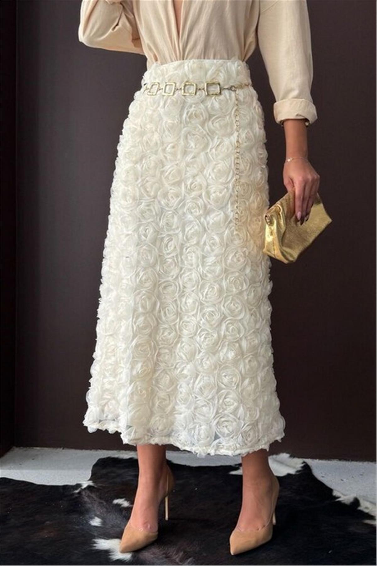 Gül Süzüneli Krem Uzun Etek