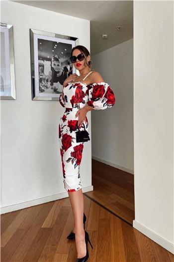 Askılı Gül Desenli Beyaz Midi Boy Elbise