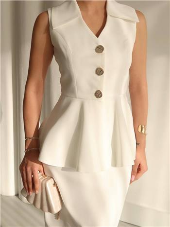 Beyaz Kolsuz Gömlek Yaka Yelek Midi Boy Etek İkili Takım