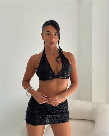Boyun Bağlamalı Pul Payet Etek Büstiyer Siyah Takım
