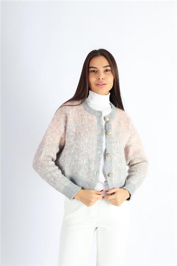 Gri-Pembe Uzun Kollu Altın Sarı Düğmeli Hırka