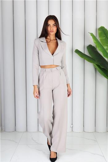 İkili Crop Ceket Pantolon Gri Takım