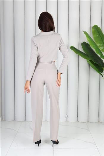İkili Crop Ceket Pantolon Gri Takım