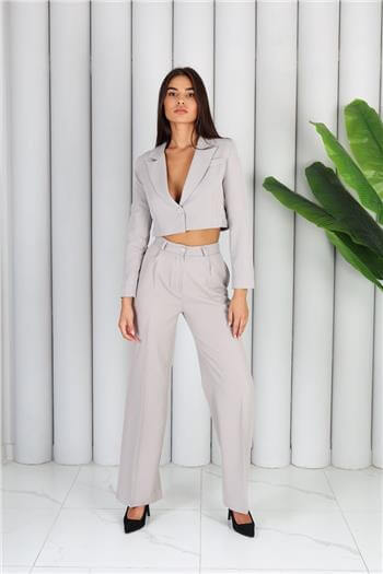 İkili Crop Ceket Pantolon Gri Takım