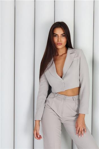 İkili Crop Ceket Pantolon Gri Takım