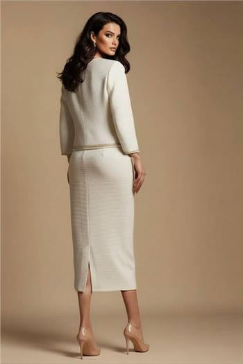 İnci Düğmeli Şeritli Beyaz Ceket Midi Boy Etek Takım