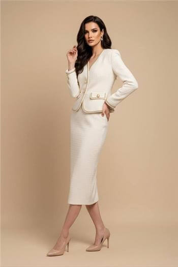 İnci Düğmeli Şeritli Beyaz Ceket Midi Boy Etek Takım
