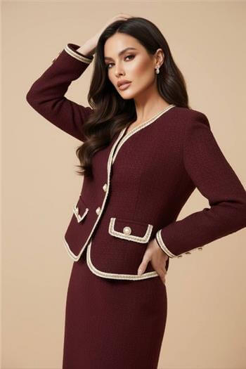 İnci Düğmeli Şeritli Bordo Ceket Midi Boy Etek Takım