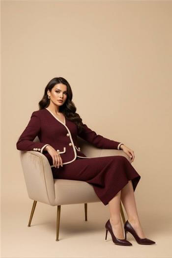 İnci Düğmeli Şeritli Bordo Ceket Midi Boy Etek Takım