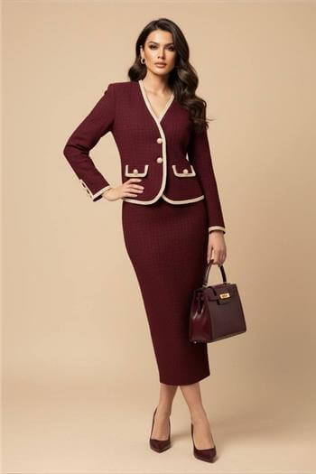 İnci Düğmeli Şeritli Bordo Ceket Midi Boy Etek Takım