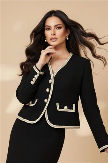 İnci Düğmeli Şeritli Siyah Ceket Midi Boy Etek Takım