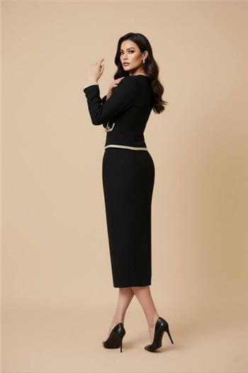 İnci Düğmeli Şeritli Siyah Ceket Midi Boy Etek Takım