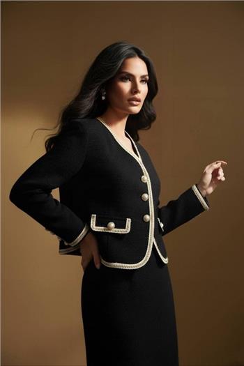 İnci Düğmeli Şeritli Siyah Ceket Midi Boy Etek Takım