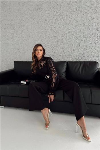 Kemerli Siyah Güpür Tulum