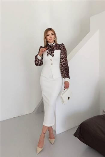 Leopar Detaylı Gömlek Midi Boy Etek Beyaz Takım
