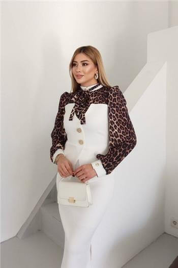Leopar Detaylı Gömlek Midi Boy Etek Beyaz Takım
