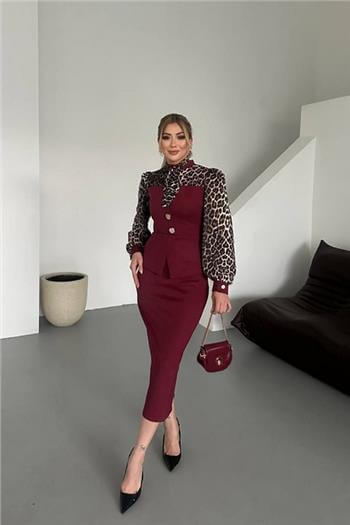 Leopar Detaylı Gömlek Midi Boy Etek Bordo Takım