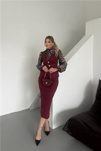 Leopar Detaylı Gömlek Midi Boy Etek Bordo Takım