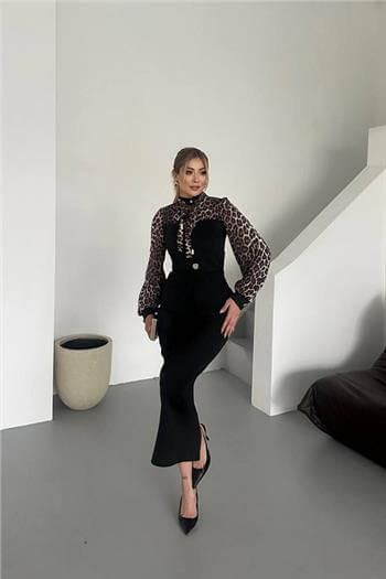 Leopar Detaylı Gömlek Midi Boy Etek Siyah Takım