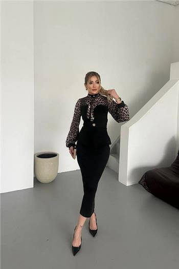 Leopar Detaylı Gömlek Midi Boy Etek Siyah Takım