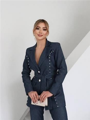 Mavi Çiçek Detaylı Bel Kuşaklı İncili Ceket Pantolon Takım