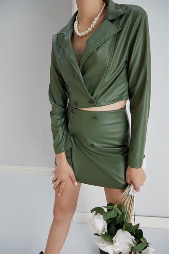 MDZ Collection Deri Şort Ceket Takım Haki Yeşil